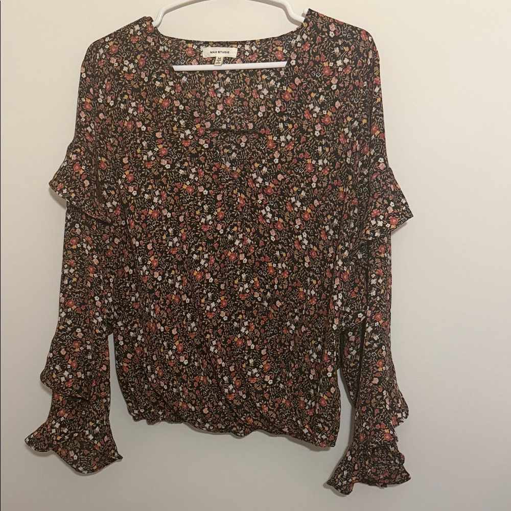 Max Studio Black Floral Ruffle Blouse